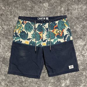 Katin Board Shorts Men's 31 Navy Blue Floral Color Block Pockets Swim Trunks